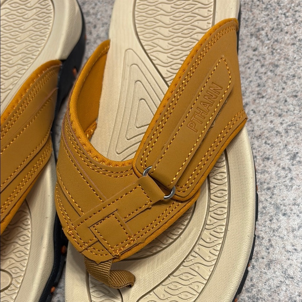 Yellow and Cream Sandals with Wide Straps and Contoured Soles - Picture 3 of 7